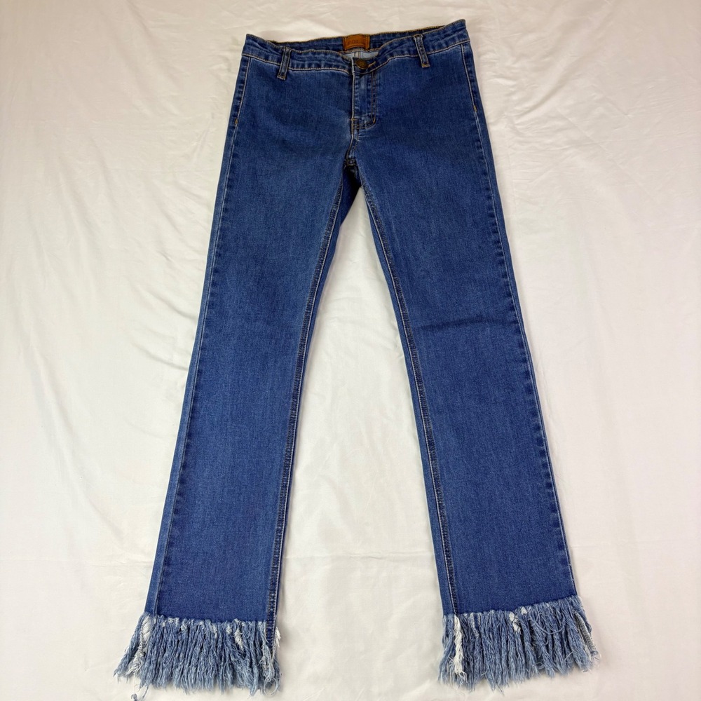 POL Size M Blue Jeans Straight Leg Frayed Fringe Hem Boho JFP105 Denim Pants